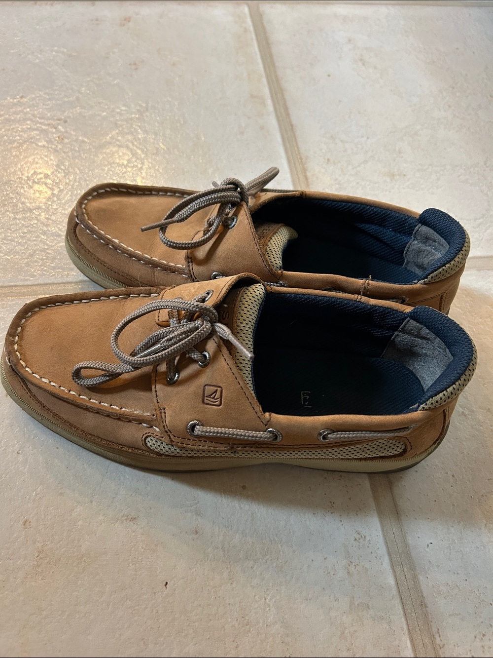 Sperry Tan Leather Two-Eye Boat Shoes with Navy Lining